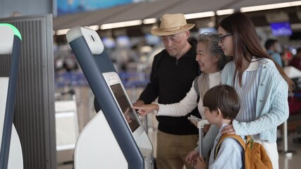 Asian family using airport self check-in kiosk together, multigenerational group interacting with digital screen, modern travel process with child exploring, technology and convenience for travelers - Powered by Adobe