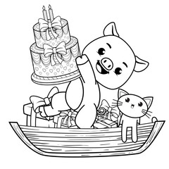 Happy Birthday Coloring Page with cute pig