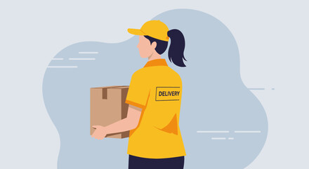 A delivery woman in a yellow uniform is carrying a cardboard box, representing the efficiency and convenience of modern delivery services in urban settings.