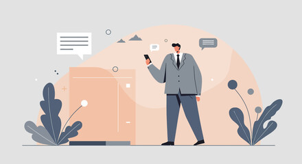 a man in a suit standing next to a box