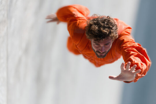 dynamic portrait of base jumper in bright orange suit positioned left in frame showing sense of freedom
