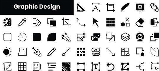 A collection of minimalist graphic design icons in black and white, showcasing tools and elements essential for designers to create visual content.