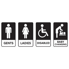 Washroom signs. Restroom or toilet door sign set containing gents, ladies, disabled, baby changing