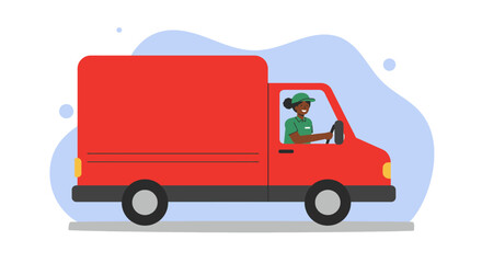 A vibrant illustration depicts a smiling delivery driver in a red truck, navigating against a soft, abstract background, perfect for logistics and transportation concepts.