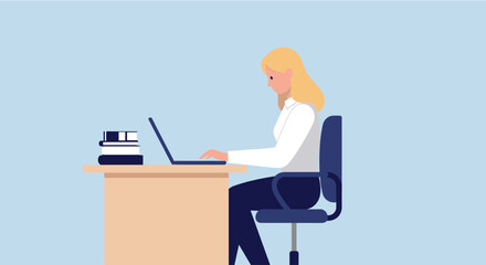 Blonde woman working remotely on a laptop at her desk with books, showcasing modern work-from-home lifestyle and technology in a minimalist design.