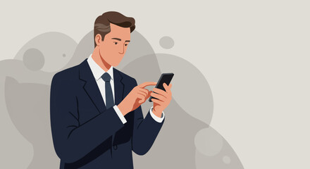 A professional businessman in a dark suit intently uses his smartphone, engaging in digital communication or mobile tasks against a clean, modern background.
