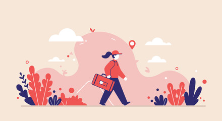 An illustrated woman walks with a briefcase, navigating a stylized landscape with decorative plants, clouds, and a location pin, suggesting travel or a journey.