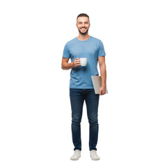 Fototapeta premium casual young man holding cup and tablet