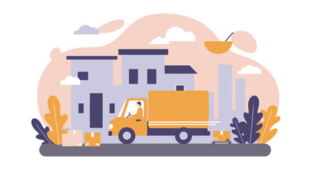 A vibrant flat illustration depicts a yellow delivery truck transporting packages through a modern urban neighborhood, symbolizing efficient logistics and e-commerce services.