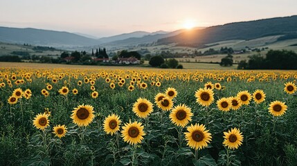 Fototapeta premium A vast field of sunflowers stretches toward a hillside at sunset.