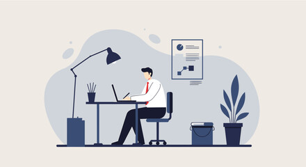 a man seated at a desk, engrossed in work on a laptop, with a lamp illuminating the workspace. Suitable for landing page, banner, marketing, web design, presentation, infographic, etc.