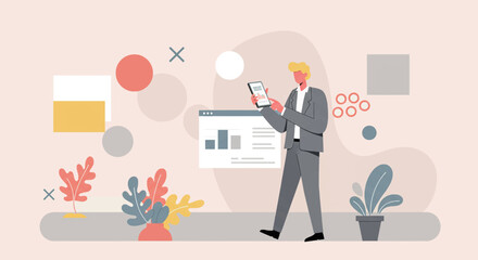 a man in a business suit walking and using a tablet, with a presentation slide visible in the background. Suitable for landing page, banner, marketing, web design, presentation, infographic, etc.