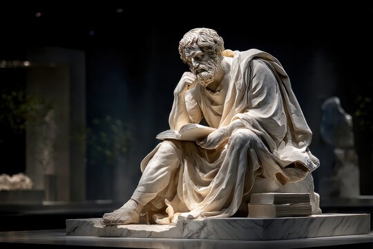 Ancient philosopher statue, seated, reading