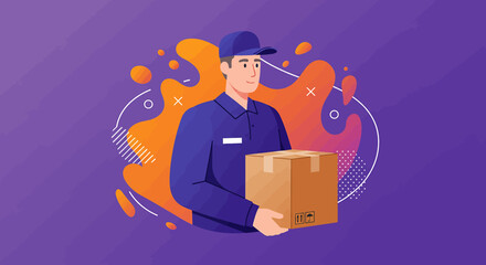 a delivery person in a blue uniform holding a brown cardboard box. Suitable for landing page, banner, marketing, web design, presentation, infographic, etc.