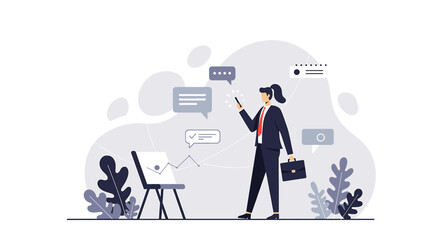 a man in a suit standing in front of a whiteboard with a speech bubble