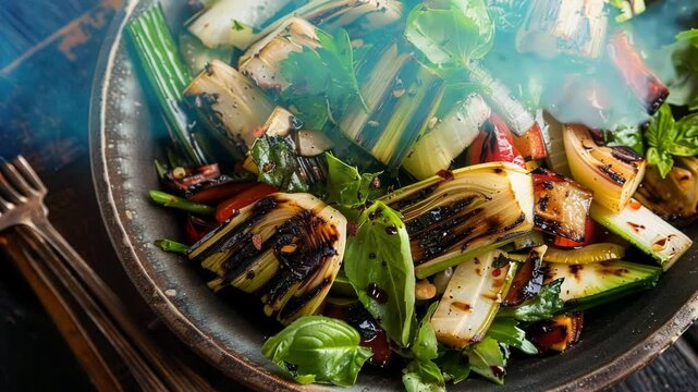 Delicious grilled leeks salad with tomatoes, herbs and spices in a bowl, seasoned with balsamic vinegar. Perfect healthy summer or autumn salad