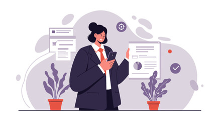 a woman in a business suit standing in an office, focused on her smartphone. Suitable for landing page, banner, marketing, web design, presentation, infographic, etc.