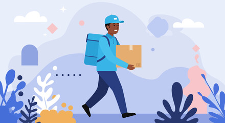 A delivery man wearing a blue uniform and carrying a package walks through an abstract landscape, representing fast and reliable delivery services in a modern style.