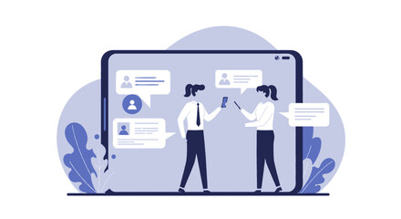 a person standing in front of a phone with a person on the screen