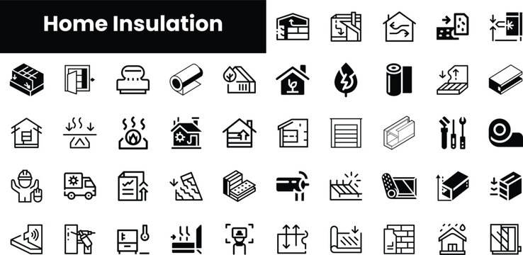 A collection of black and white icons representing various aspects of home insulation, including materials, tools, and techniques for energy efficiency.