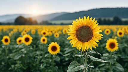 Fototapeta premium A field of sunflowers at dawn.