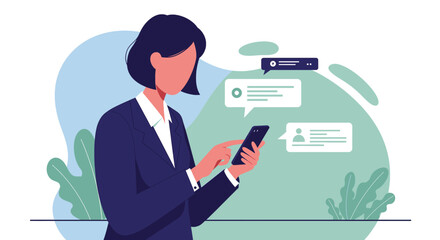 a woman in a business suit using a smartphone, with chat bubbles on the screen displaying text and images. Suitable for landing page, banner, marketing, web design, presentation, infographic, etc.