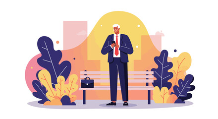 a man in a suit standing on a bench