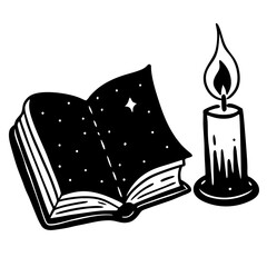 Warm reading night vibe—book with candle silhouette for bookmarks, stickers, or magical themed illustrations.