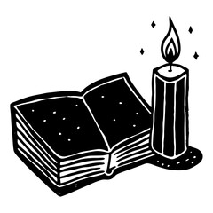 Book and candle vector in silhouette style—great for bookmarks, antique posters, or vintage reading promotions.