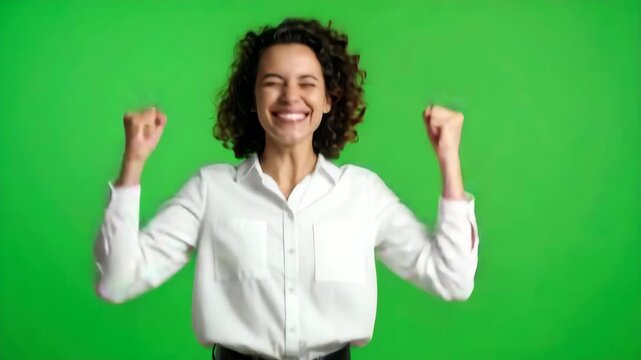 A woman in a white shirt celebrates with excitement against a vibrant green screen background, expressing joy and success with raised fists.