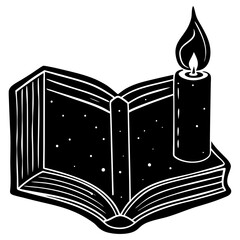 Classic silhouette of an open book and candle—perfect for cozy reading designs, World Book Day graphics, or vintage literary art.
