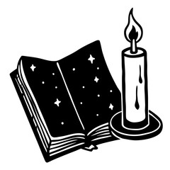 Minimal book and candle silhouette—great for storytelling themes, night reading visuals, and quiet World Book Day projects.