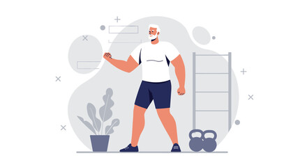 An elderly man in athletic wear exercises with a dumbbell in a modern, illustrated fitness environment, promoting healthy aging and active lifestyles.