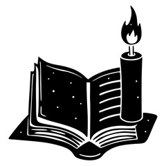 Classic black silhouette of a book and candle—perfect for retro bookshop branding, Halloween reading themes, or quiet night scenes.