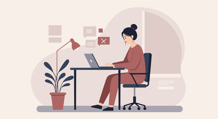 A woman is seated at a desk, focused on her laptop, with a potted plant to her left and a window to her right. Suitable for landing page, banner, marketing, web design, presentation, infographic, etc.