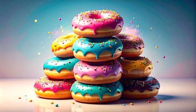 Donas apiladas con glaseados coloridos y fondo turquesa, imagen ideal para publicidad de panader&iacute;as, postres creativos o momentos indulgentes