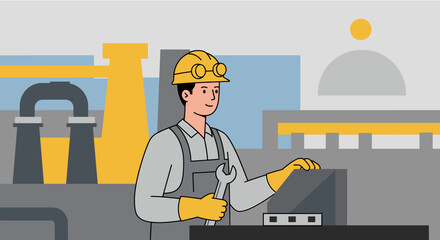 A cartoon illustration depicts a smiling factory worker in safety gear holding a wrench, set against the backdrop of industrial machinery and pipes inside a plant.