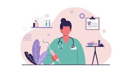 Modern flat illustration of a dedicated female doctor or nurse in medical scrubs holding a syringe, representing healthcare and medicine.