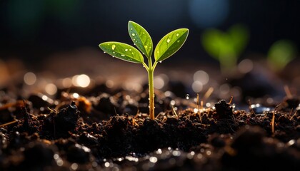 Tallo joven con hojas verdes brotando de la tierra, imagen vibrante para representar resiliencia, crecimiento y renovación natural