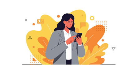 a woman in a suit is looking at her phone