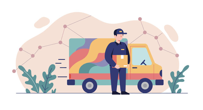 A delivery man in uniform carries a package next to a colorful delivery truck, representing modern logistics and express delivery services in a vector illustration.
