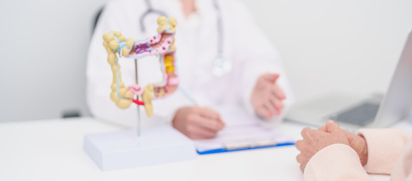 Elderly woman Patient consultation with doctor for Colon disease, Large Intestine, Colorectal cancer, Ulcerative colitis, Diverticulitis, Irritable bowel syndrome, Digestive system and Healthcare