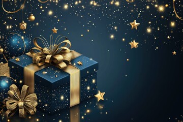 Winter holiday sales background with decorative present and twinkling gold stars, elegant vector design