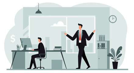 Two businessmen in a modern office, one working at a computer and the other gesturing while standing, representing collaboration and success.