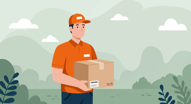 A delivery person wearing an orange uniform and cap carries a cardboard box against a soft, illustrated background of trees and hills, depicting a shipping concept.