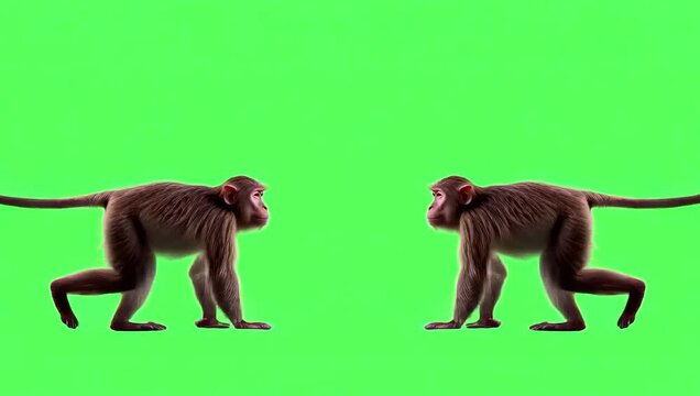 4K video loop of a realistic two monkeys walking naturally on a green screen, long-tailed monkey slow walk on chroma key background, monkey realistic hair that moves naturally with each step