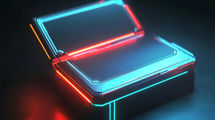 packaging opening animation mockup for a gadget, sleek futuristic box opening with magnetic flap, glowing edges, floating layers, sci-fi inspired scene.