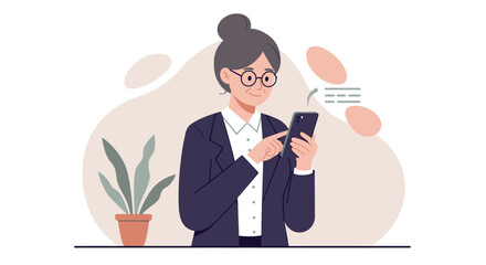 a woman in a business suit using a smartphone, with a potted plant in the background. Suitable for landing page, banner, marketing, web design, presentation, infographic, etc.