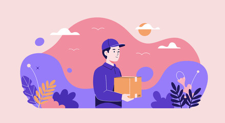 A delivery man in a cap carries a package against a stylized, colorful background, illustrating modern delivery services and logistical efficiency for a business.