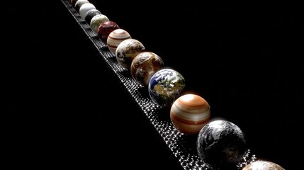 Aligned planets with diverse textures float in space, creating a surreal cosmic scene against a dark background.
